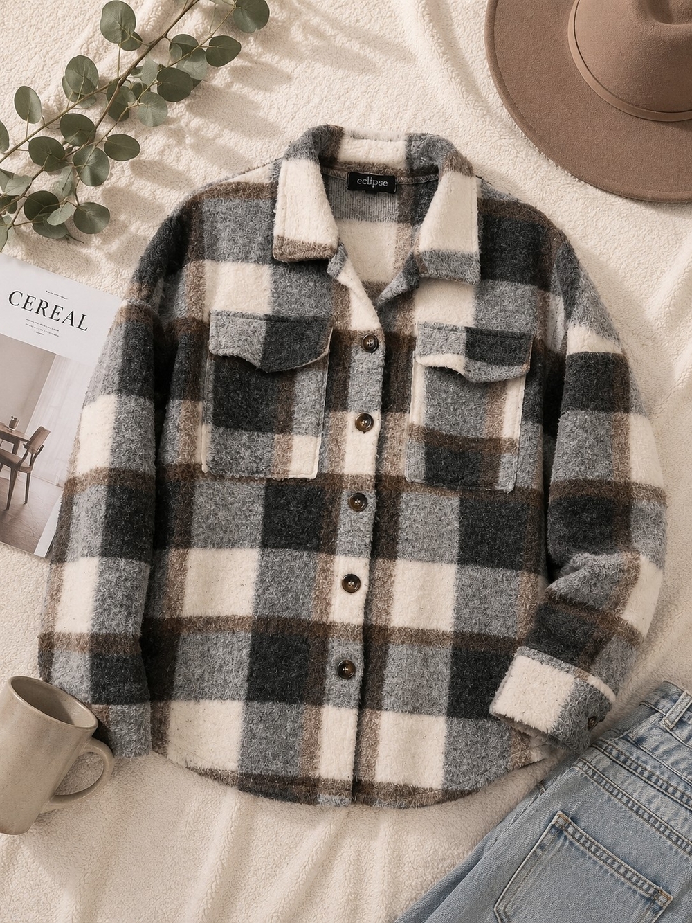 Eclipse Plaid Teddy Shacket in Cream, Gray & Brown